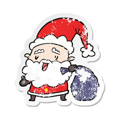 distressed sticker of a cartoon santa claus with sack