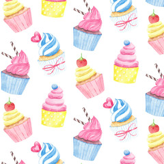 Watercolor seamless pattern with cupcakes.