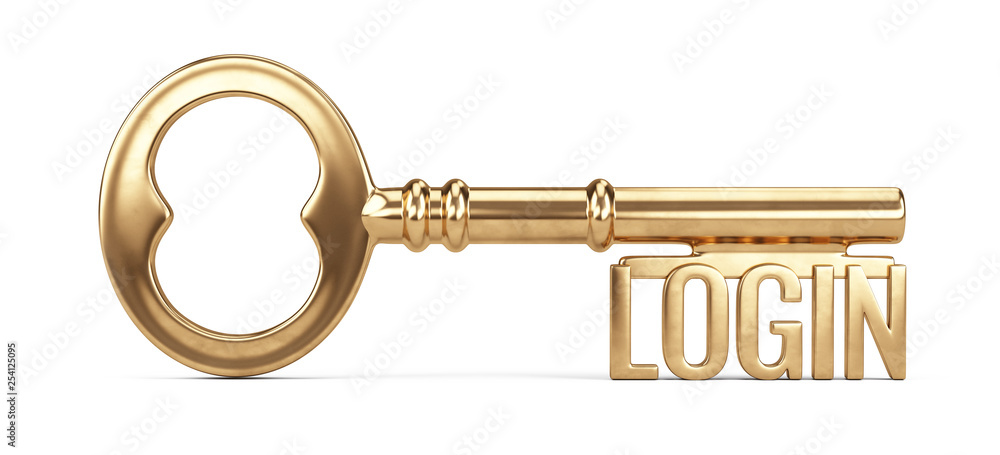 Poster golden login key isolated on white background. login, password security concept - 3d rendering