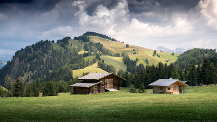 Fototapeta na wymiar Idyllische Blockhütten auf einer Sommerwiese auf der Seiseralm im Südtirol