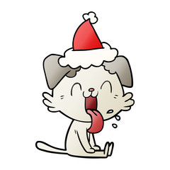 gradient cartoon of a panting dog wearing santa hat