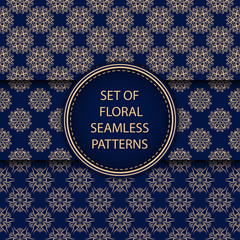 Golden blue floral seamless patterns. Compilation of designs with flowers
