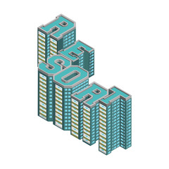 Vector isometric icon or infographic elements representing low poly town apartment building with street and cars for city map creation - Vector