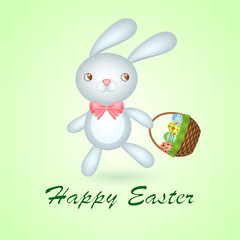 Easter Bunny with a basket with colorful Easter eggs and text 