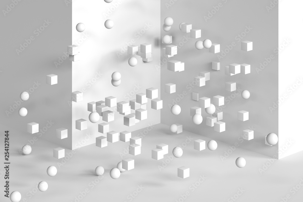 Poster white balls and cubes, 3d rendering