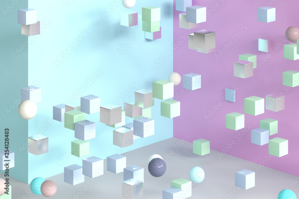 Poster colorful balls and cubes, 3d rendering