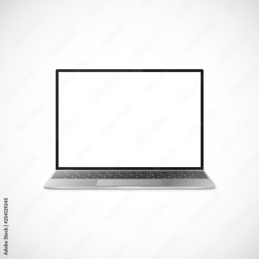 Poster laptop with shadow isolated on white background. laptop design with black display and gray keyboard.