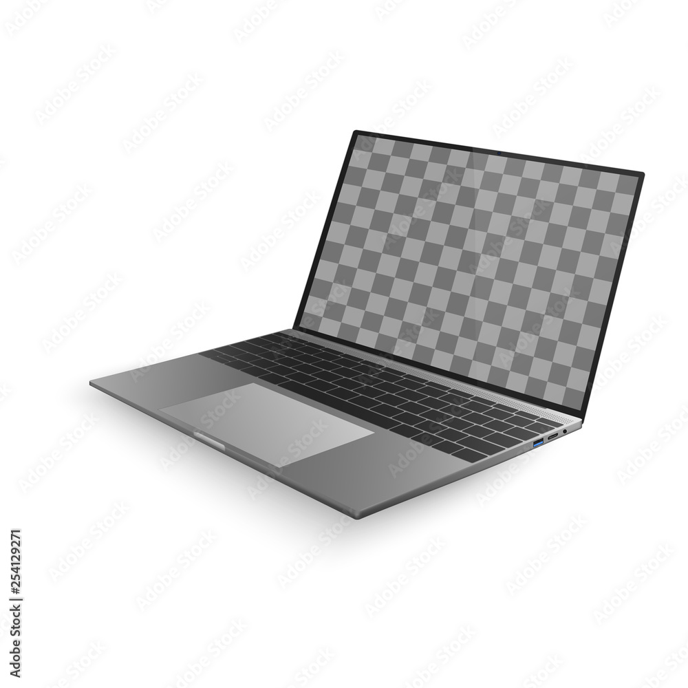 Poster laptop with shadow isolated on white background. laptop design with black display and gray keyboard.