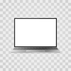 Realistic laptop mock up on transparent background. Laptop with white screen front view. Vector illustration