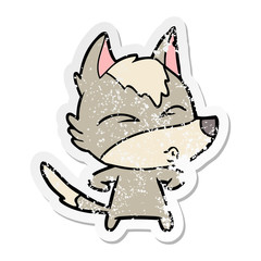 distressed sticker of a cartoon wolf whistling