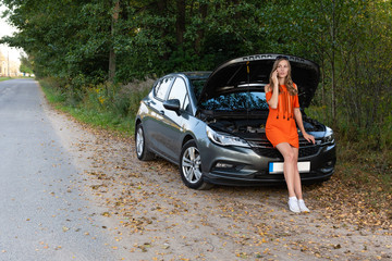 Upset young woman with cell phone near broken car - Image