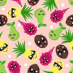seamless pattern with coconut, pineapple, pear, dragon fruit - vector illustration, eps