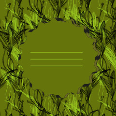Illustration of green background with floral design element, plant branches and empty recording space