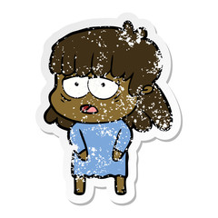 distressed sticker of a cartoon tired woman