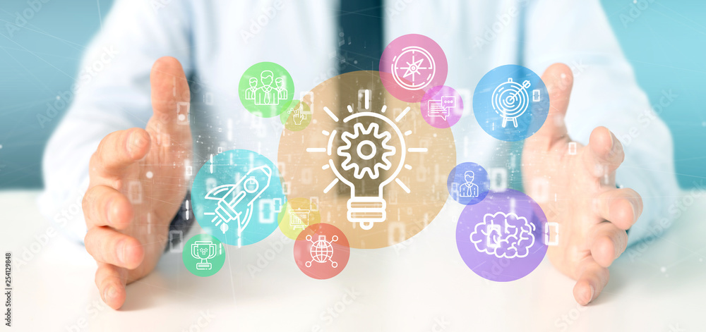 Poster cloud of colorfull start up icon bubble with data businessman holding a binary 3d rendering