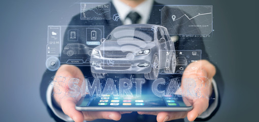 Man holding a Dashboard smartcar interface dashboard 3d rendering