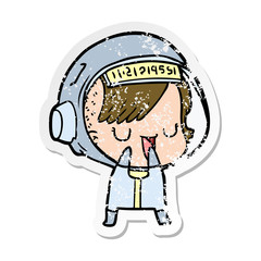 distressed sticker of a cartoon astronaut woman