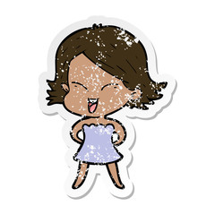 distressed sticker of a happy cartoon girl