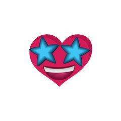 Emoji in the shape of a heart with stars in the eyes. Happy laughing heart, red-blue smiley vector clipart