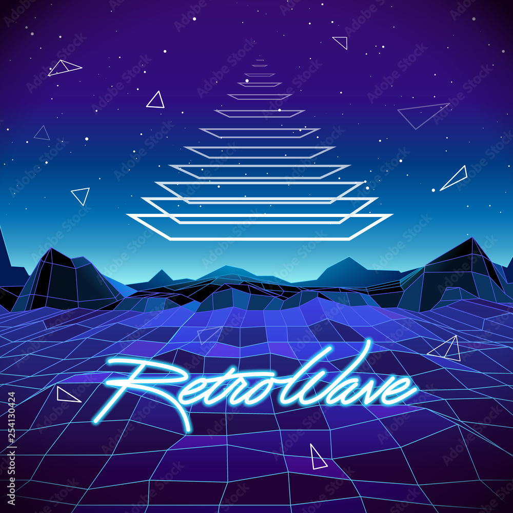 Poster 80s retro sci-fi background with pyramid and mountains. vector futuristic synth retro wave illustrat