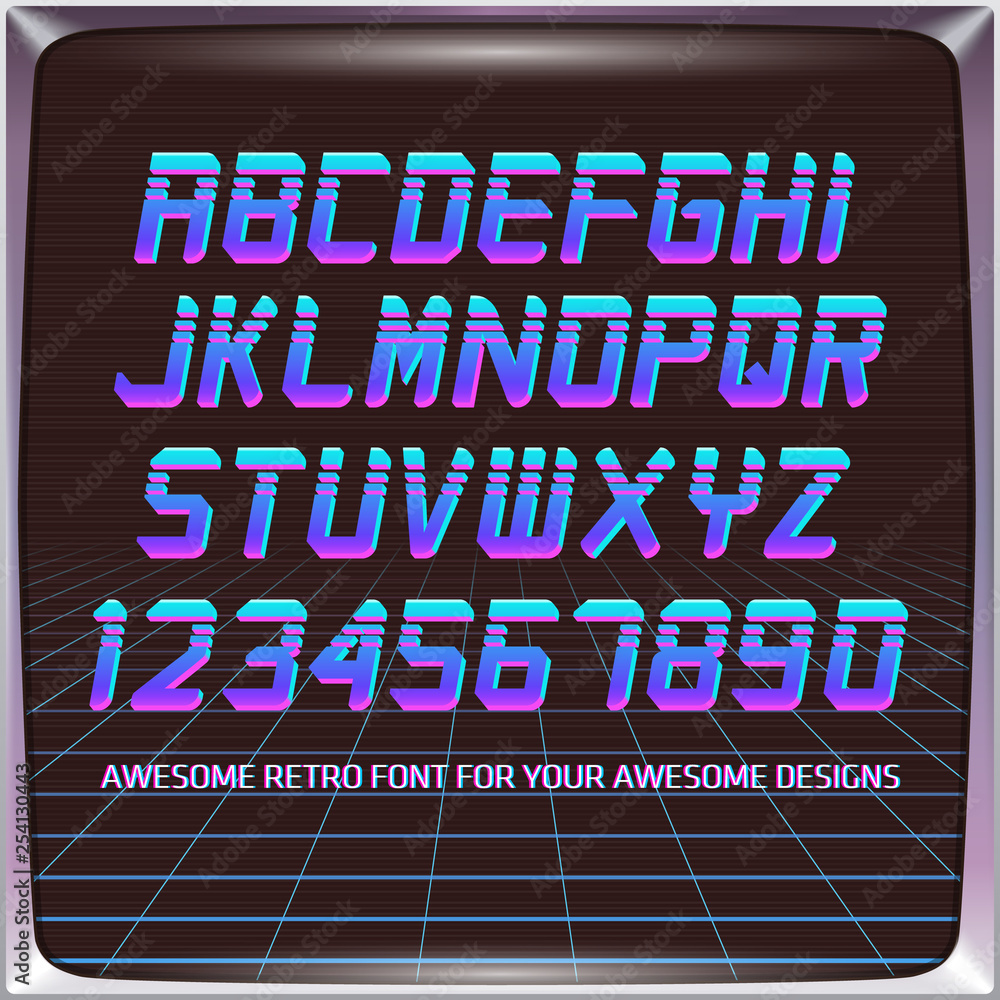 Poster virtual reality retro futuristic font. stylish retro synth wave alphabet in 80s style. vector font o