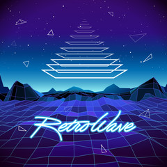 80s Retro Sci-Fi Background with Pyramid and Mountains. Vector futuristic synth retro wave illustration in 1980s posters style. Suitable for any print design in 80s style