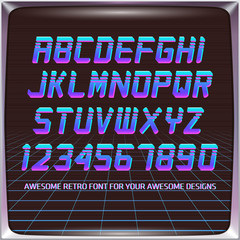 Virtual Reality Retro Futuristic Font. Stylish Retro Synth Wave Alphabet in 80s style. Vector font on laser grid background
