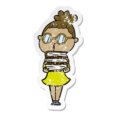 distressed sticker of a cartoon woman wearing spectacles