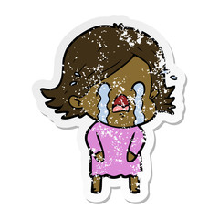 distressed sticker of a cartoon woman crying