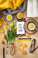 motivation cfrd on the desk with tea and fruits