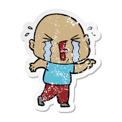 distressed sticker of a cartoon crying bald man