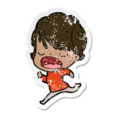 distressed sticker of a cartoon woman talking