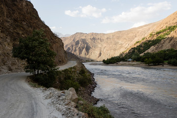 Border river Panj River in Wakhan valley with Tajikistan left and Afghanistan on the right side