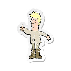 retro distressed sticker of a cartoon positive thinking man in rags