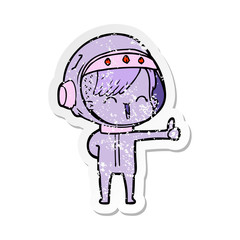 distressed sticker of a happy cartoon space girl