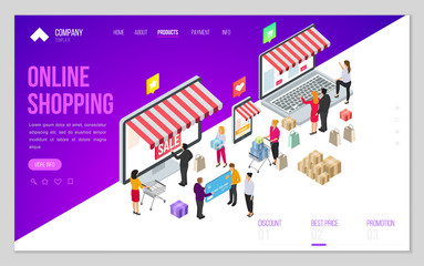 Design website or landing page template. Minimal modern concept for online shopping, e-commerce market. Isometric vector illustration.