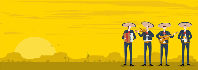 Cinco de Mayo, Traditional Mexico holiday, Mexican musicians playing instruments, Vector