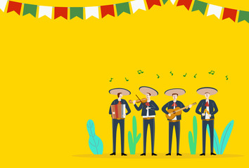Cinco de Mayo, Traditional Mexico holiday, Mexican musicians playing instruments, Vector