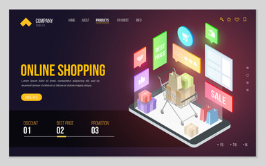 Design website or landing page template. Minimal modern concept for online shopping, e-commerce market. Isometric vector illustration.
