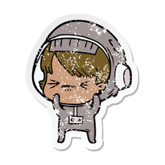 distressed sticker of a angry cartoon space girl
