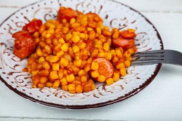 Hot dish with beans, corn and sausages