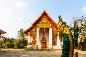 Stunning view of the beautiful  Pha That Luang Temple with gold-colored decorations. The Pha That Luang Temple is located  in the centre of the city of Vientiane, Laos.