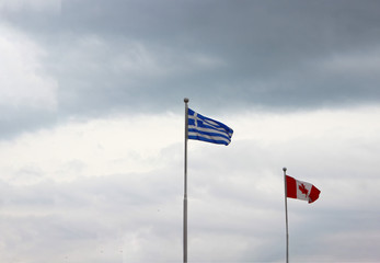 Greece, Flag Waving in the air of UN Memorial Cemetery in Busan, South Korea, Asia