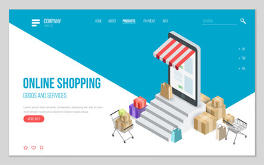 Fototapeta na wymiar Design website or landing page template. Minimal modern concept for online shopping, e-commerce market. Isometric vector illustration.