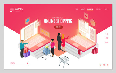 Design website or landing page template. Minimal modern concept for online shopping, e-commerce market. Isometric vector illustration.