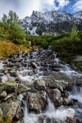 fast mountain rocky river in forest with waterfall