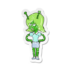 retro distressed sticker of a cartoon alien woman