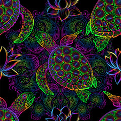 Sea turtle in psychedelic multicolor colors with lotuses and mandala in the style of boho - seamless pattern