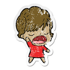 distressed sticker of a cartoon woman talking