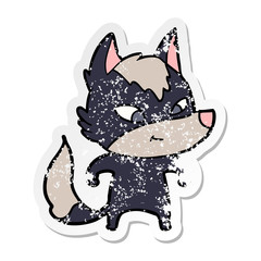 distressed sticker of a friendly cartoon wolf